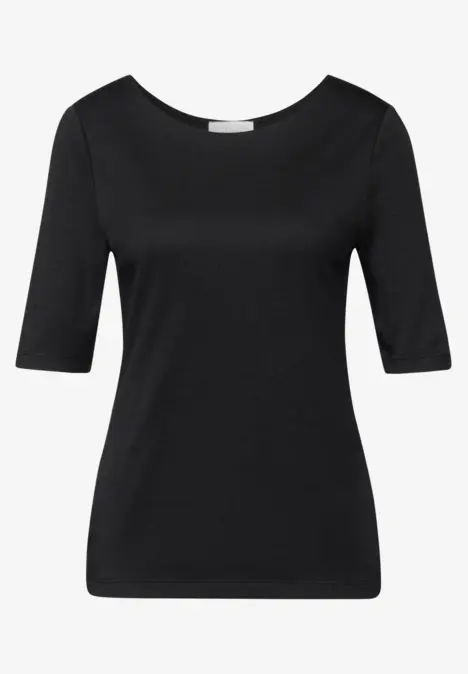Schwarzes Damen-T-Shirt mit Halbarm und rundem Ausschnitt.
