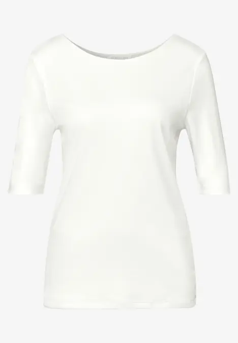 Weißes Damen-T-Shirt mit halblangen Ärmeln und Rundhalsausschnitt.