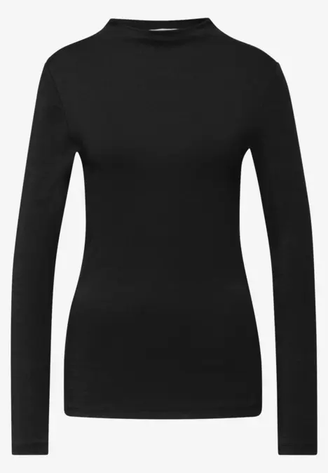 schwarzer, langärmliger, figurbetonter Damenshirt mit rundem Ausschnitt