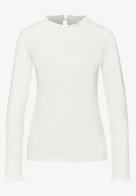 Weißes Langarmshirt mit Rüschenbesatz am Stehkragen und Ärmelsaum