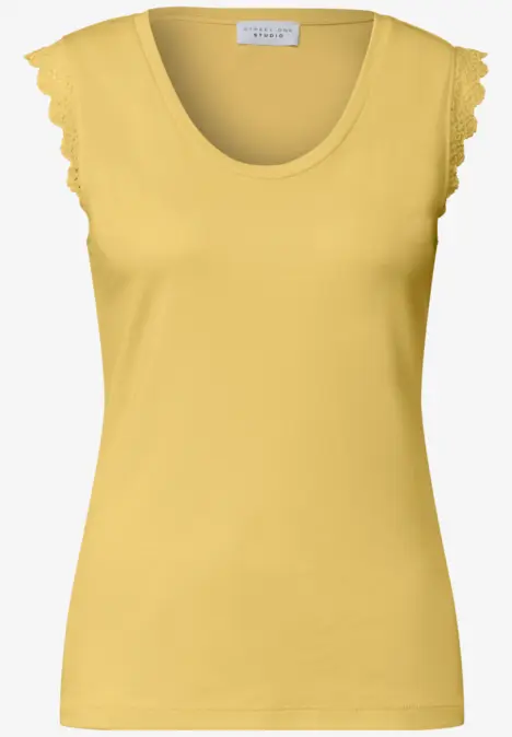 Débardeur femme jaune solaire, design épuré, orné de délicate dentelle aux épaules.