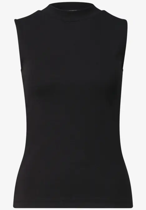 Schwarzes, ärmelloses Top mit Rundhalsausschnitt aus stretchigem Stoff.