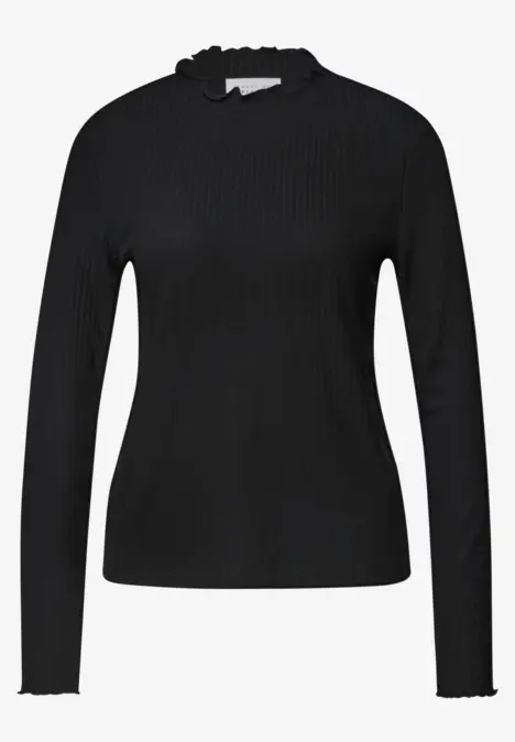 Haut noir moulant à manches longues en tricot côtelé avec petit col montant.