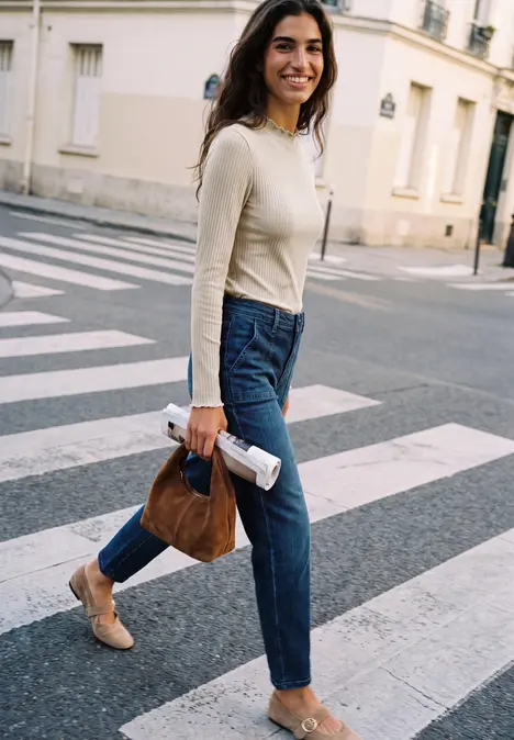 Een jonge vrouw steekt glimlachend een zebrapad over in jeans en een beige trui, met tas en kranten.