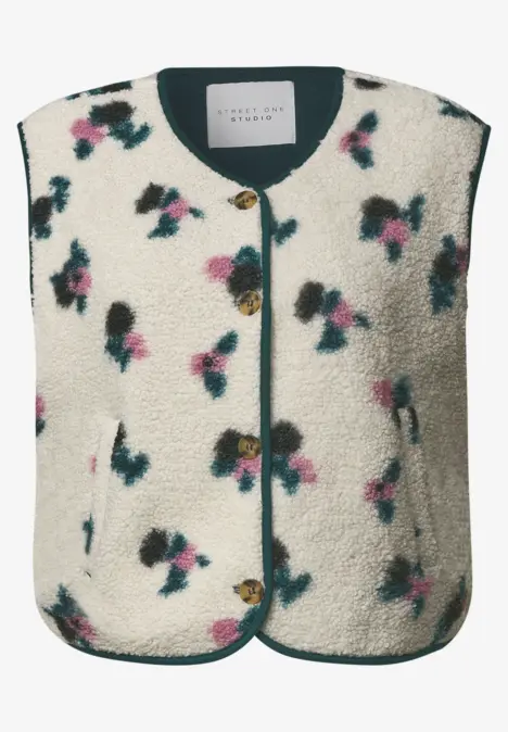 Ärmellose Teddy-Fleece-Weste mit rundem Ausschnitt, Blumenmuster und Knopfleiste.