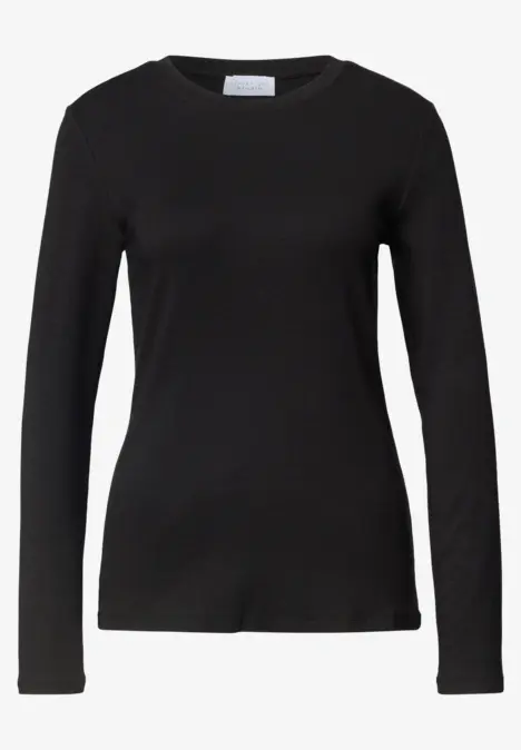 Zwart, nauwsluitend shirt met lange mouwen, zonder patroon.