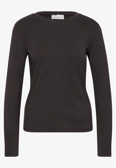 Ein schlichtes, schwarzes Langarmshirt aus Baumwolle.