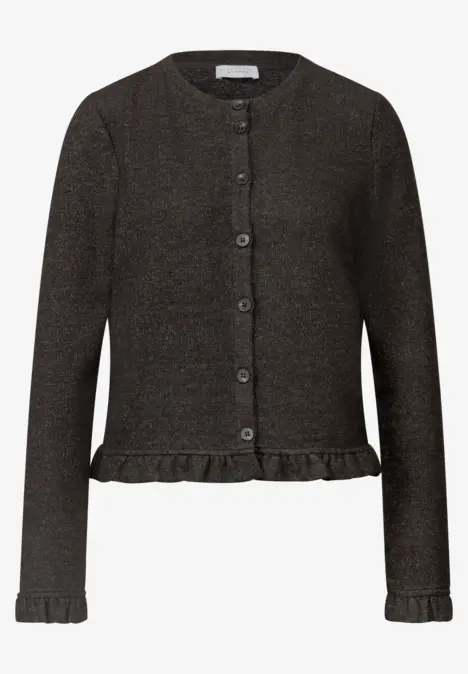 Dunkelgraue Strickjacke mit Knopfleiste, Rüschen am Saum und Ärmelabschluss, Rundhalsausschnitt.