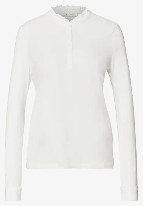 Effen wit shirt met lange mouwen, opstaande kraag en verborgen knoopsluiting.