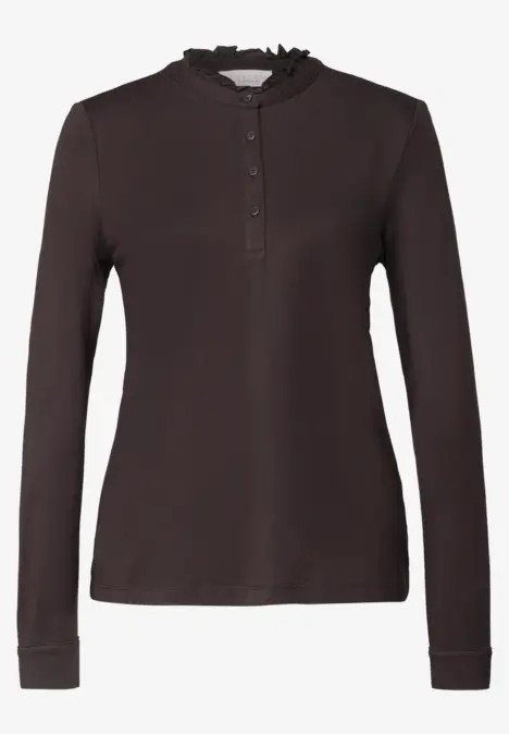 Zwart langarmshirt met knoopsluiting en opstaande kraag