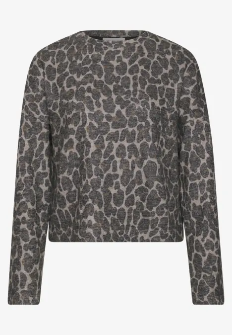 Damen-Sweatshirt mit rundem Ausschnitt und graubraunem Leopardenmuster.