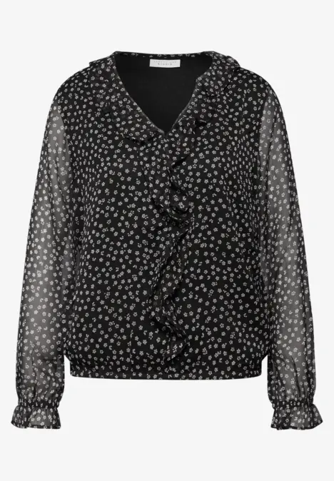 Schwarze Chiffonbluse mit weißen Punkten, V-Ausschnitt, Rüschen vorne und transparenten Ärmeln mit Gummibündchen