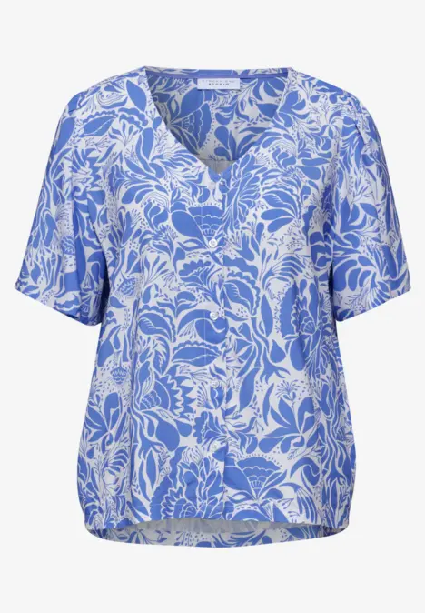Leichte blau-weiß gemusterte Bluse mit floralem Design und lockerem Schnitt