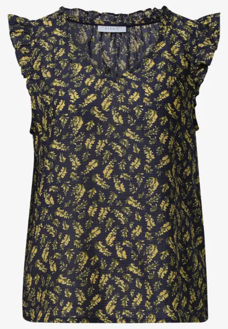 Haut sans manches bleu foncé à motifs floraux jaunes, volants aux épaules et col en V.