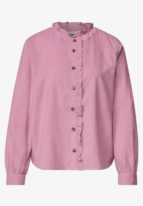 Chemisier rose pour femme à col à volants, boutons sur le devant et manches longues.