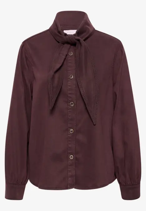 Chemisier femme marron foncé boutonné, manches longues et col foulard noué