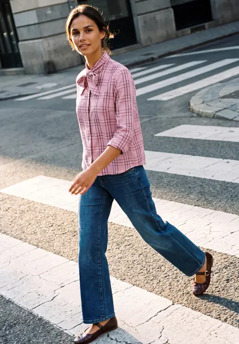 Eine junge Frau in rosa kariertem Hemd und Jeans läuft über einen Zebrastreifen.