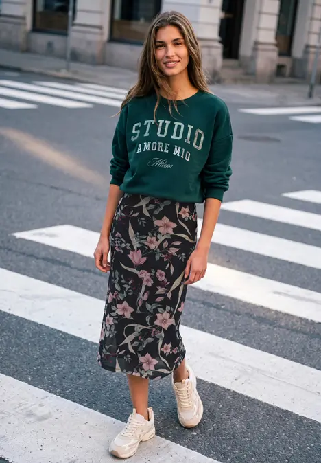 Jonge vrouw in een groen 'Studio Amour Moi' sweat en bloemenmidirok lacht op een zebrapad.