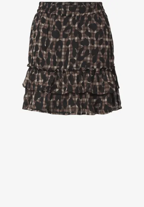 Mini-jupe noire à volants avec motif animal marron.