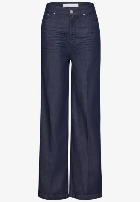 Dunkelblaue Damenjeans mit weitem Bein und hohem Bund.
