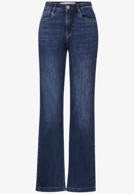 Dunkelblaue, gerade geschnittene Jeanshose mit Taschen.