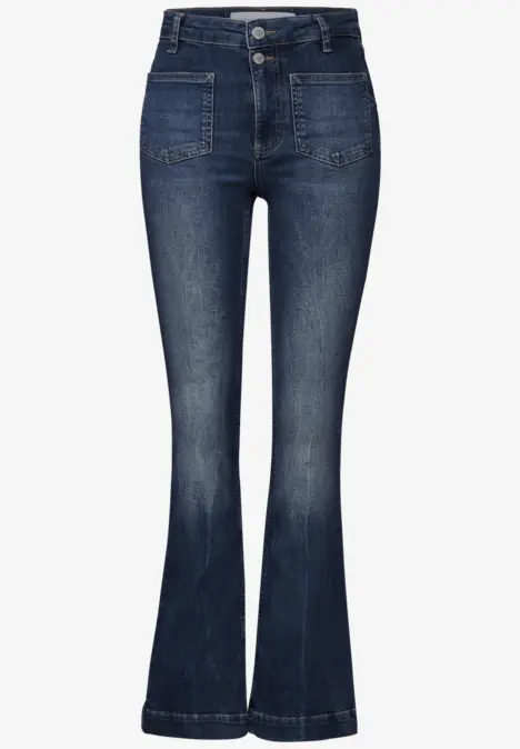 Dunkelblaue Schlagjeans mit hohen Bund und zwei Fronttaschen.