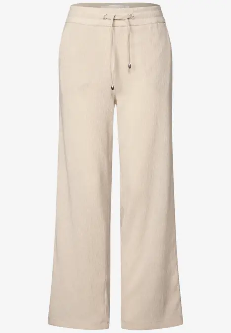 Beige gerade Hose mit Kordelzug, weit geschnitten.