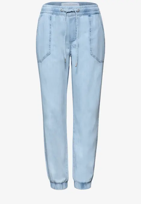 Pantalon jogger en jean bleu clair, taille et chevilles élastiquées