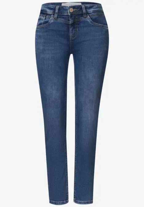 Jean skinny bleu pour femme, coupe ajustée et taille haute, style classique à cinq poches