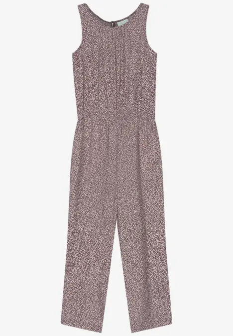 Lila ärmelloser Damen-Overall mit kleinem Blumenmuster.