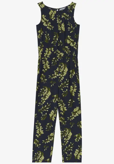 Ärmelloser schwarzer Jumpsuit mit allover grünem Blattmuster