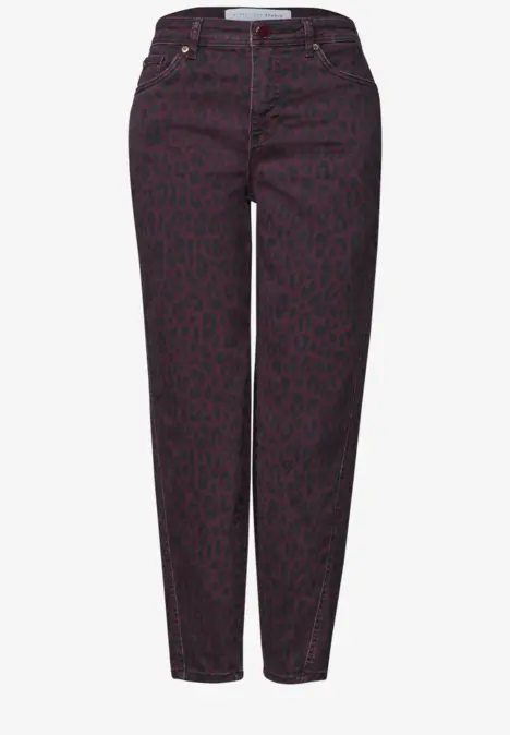 Jean violet foncé à motif léopard noir, taille haute, cinq poches, coupe décontractée et fuselée