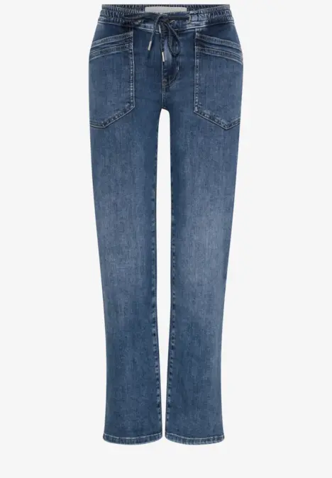 Jean droit taille haute avec cordon de serrage et poches plaquées en denim bleu classique.