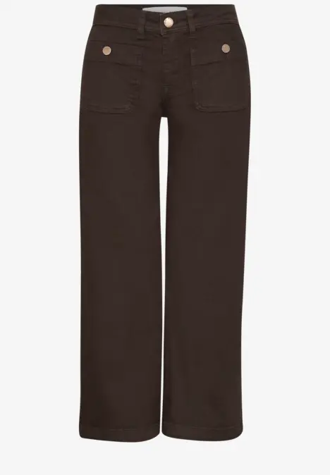 Pantalon large marron foncé, taille haute, jambes droites et grandes poches plaquées.