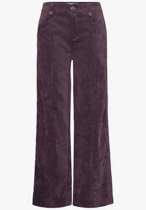 Pantalon taille haute en velours côtelé bordeaux, coupe large.