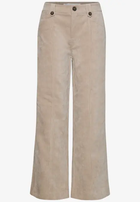 Pantalon en velours côtelé beige, coupe évasée et boutons à la taille.