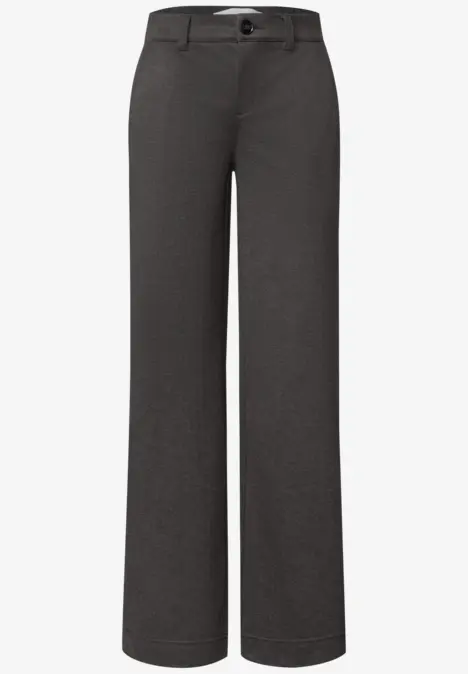 Pantalon noir à coupe droite, jambe large, fermeture à bouton.