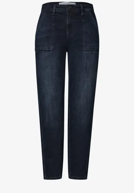 Jean femme droit bleu foncé avec poches plaquées pour un look décontracté