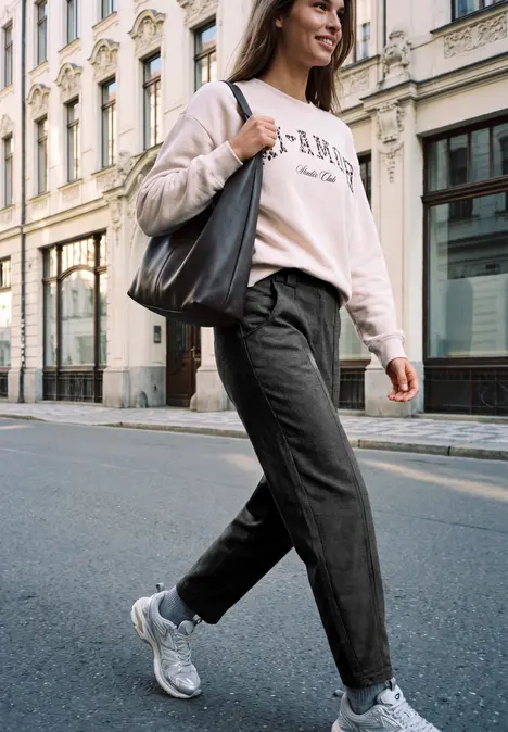 Eine Frau in Freizeitkleidung (Pullover, Stoffhose, Sneaker) mit großer Tasche geht auf einer Stadtstraße.