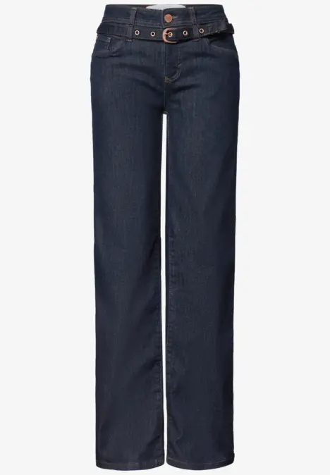 Jean bleu foncé droit taille haute avec ceinture et fermeture à boutons.