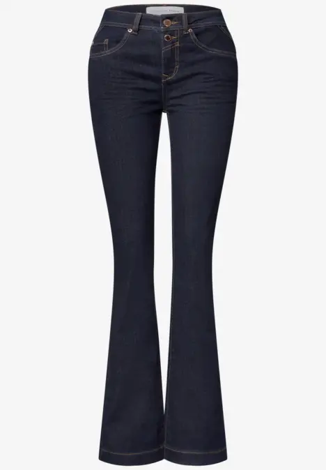 Dunkelblaue High-Waist Jeans mit ausgestelltem Bein im Retro-Stil.