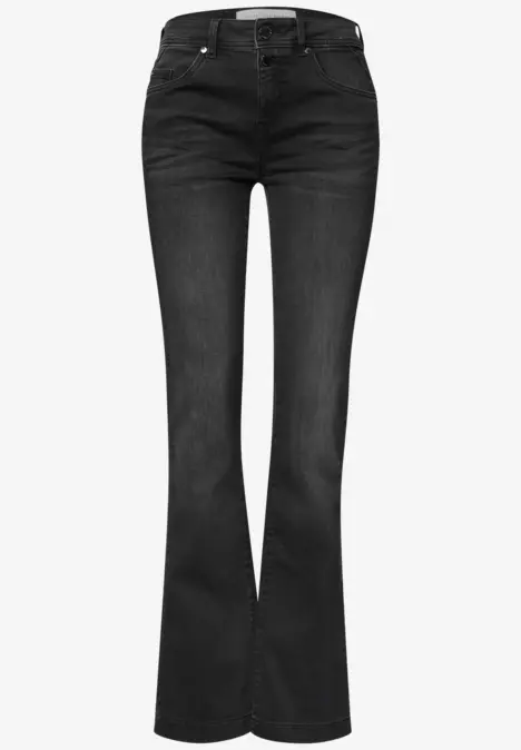 Schwarze Jeans, ausgestellte Passform mit mittlerer Taille und klassischem Five-Pocket-Design.