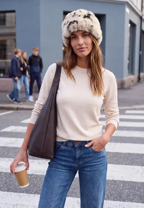 Frau in Jeans und Pullover mit Fellmütze geht mit Kaffee in der Hand über eine Straße.