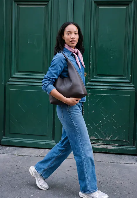 Eine junge Frau in Jeans, mit Tasche und rosa Halstuch, geht vor einem großen grünen Tor spazieren.