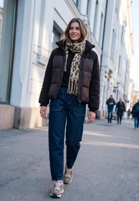 Person in Winterjacke, Schal, Jeans und Sneakers geht auf einer Straße in der Stadt.
