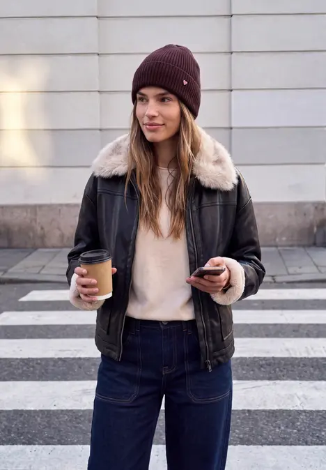 Junge Frau in Lederjacke mit Fellkragen und Mütze, hält Kaffee und Handy an einem Zebrastreifen.