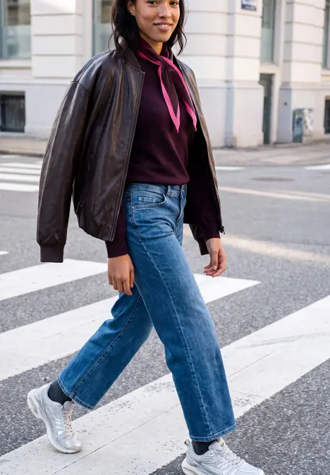 Junge Frau in Lederjacke, lila Halstuch und Jeans geht über einen Zebrastreifen in der Stadt.