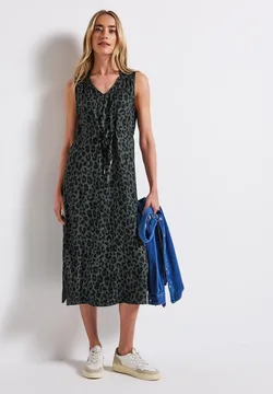 Street One Studio Damen Leo Mesh-Kleid - Animal Print Midi-Kleid Mit Weichem Unterkleid & Langarm