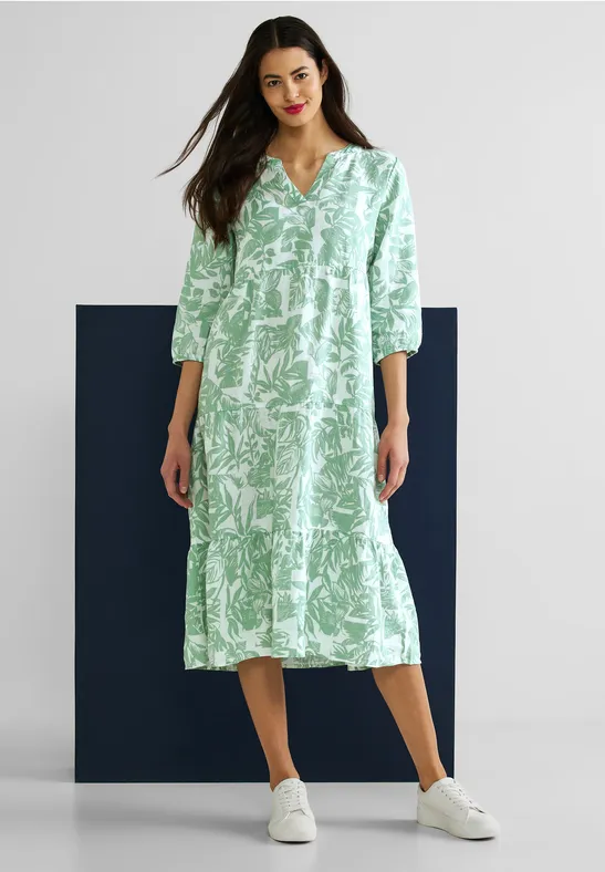 Street One Damen Midikleid Mit 3/4-Ärmeln – Bedruckt, Viskose, Mit Reißverschluss Und Stoffgürtel