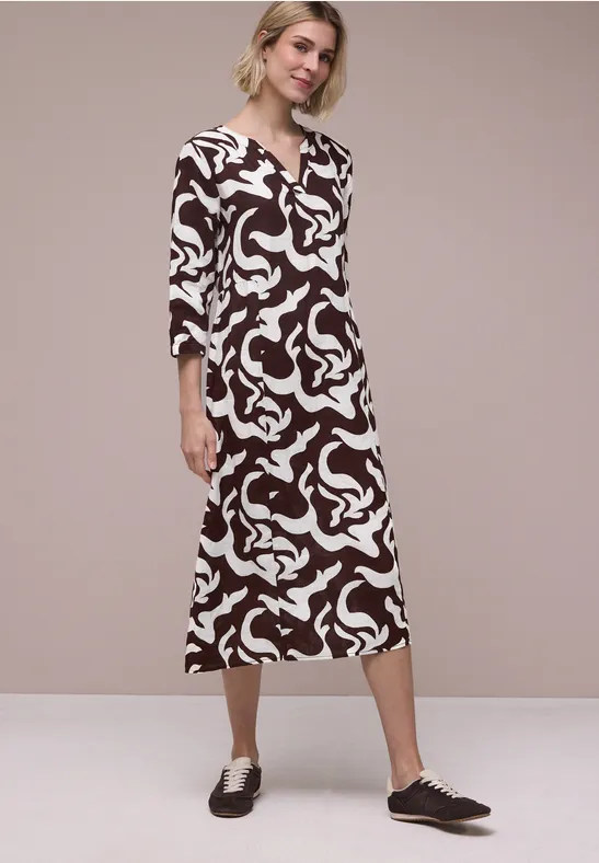 Midi-Kleid aus Leinen mit Print female Braun